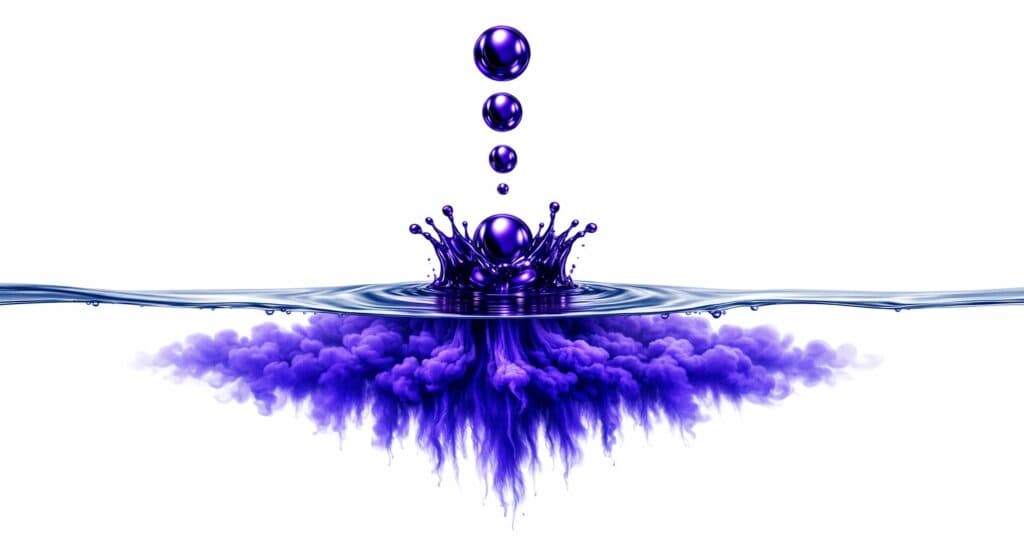 Purple toner drops splashing into water to show anti‑yellow and brightening effects for blonde hair